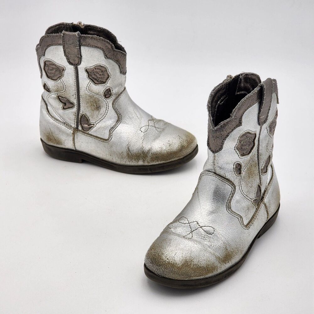 Zara Kids Western Cowboy Rose Boots Metallic Silver Toddler's Size 27 EU 10.5 US